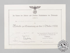A Sudetenland Medal Award Certificate To Schütze Friedrich Heinemann