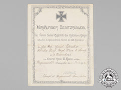 A 1916 Preliminary Certificate For The Iron Cross 2Nd Class