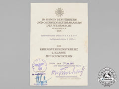 A War Merit Cross 2Nd Class Award Document 1943