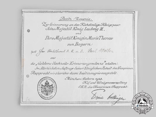 germany,_weimar_republic._a_bavarian_royal_golden_marriage_medal_document_to_oberleutnant_walter,1923__emd2571_c20_01905_1