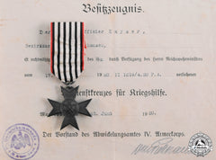 Prussia, Imperial. A Merit Cross For War Aid With Documents To Unteroffizier Kayser