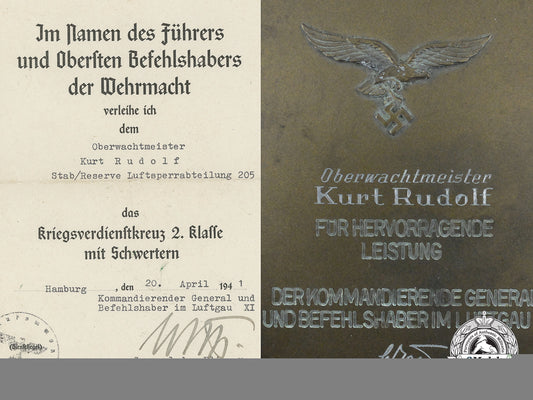 a_luftwaffe_plaque_and_kvk_award_document_to_oberwachtmeister_kurt_rudolf_f_880