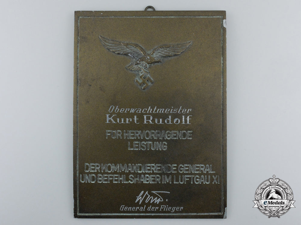 a_luftwaffe_plaque_and_kvk_award_document_to_oberwachtmeister_kurt_rudolf_f_881