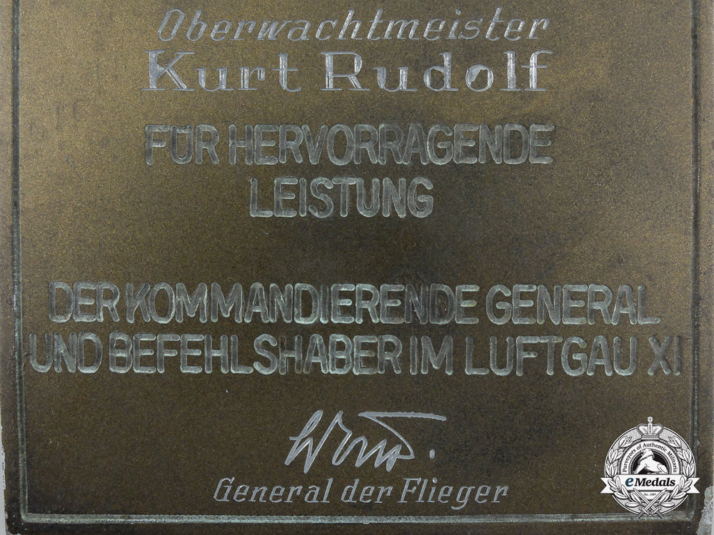 a_luftwaffe_plaque_and_kvk_award_document_to_oberwachtmeister_kurt_rudolf_f_883