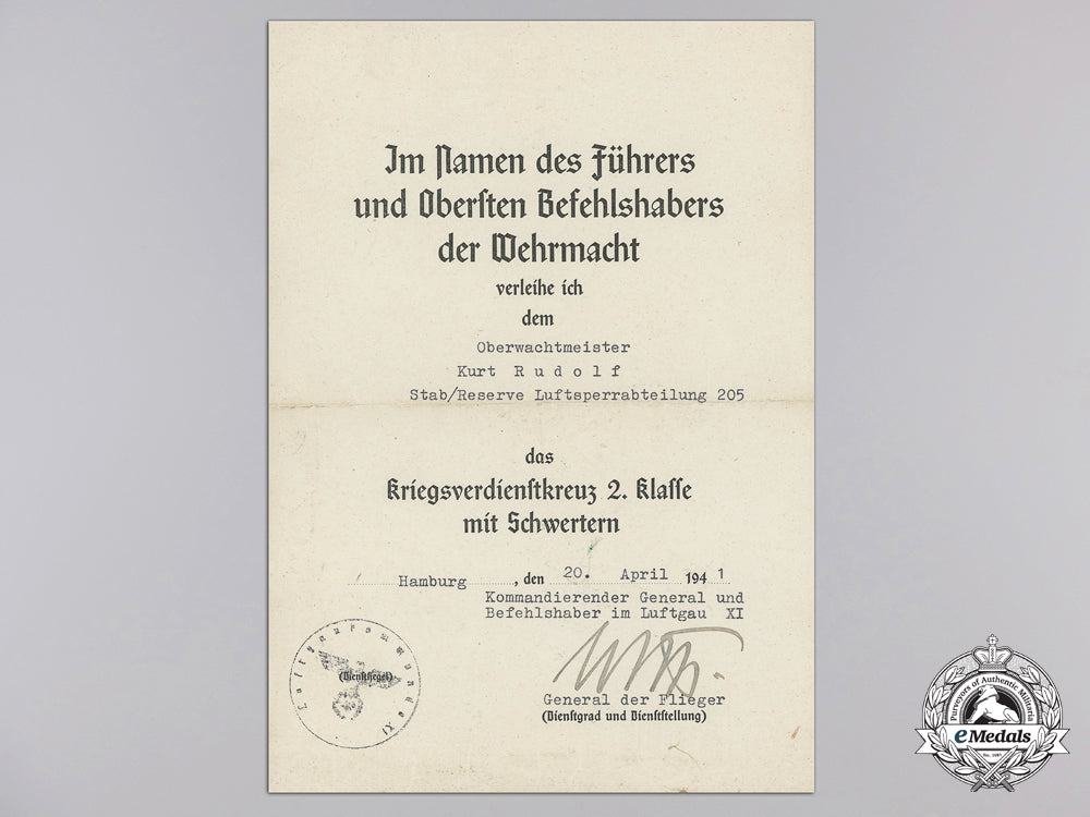 a_luftwaffe_plaque_and_kvk_award_document_to_oberwachtmeister_kurt_rudolf_f_885
