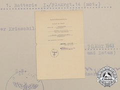 A Luftwaffe Crimea Shield Award Document To Motorized Flak Regiment 14