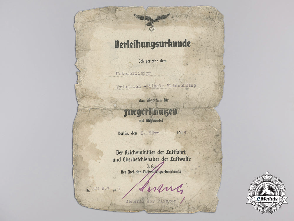 a_luftwaffe_night_fighter_award_document_group_to_unteroffizier_wildschütze_i_190