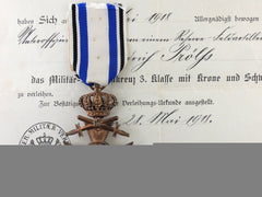 A Bavarian Military Merit Medal; 3Rd Class Cross With Award Document 1918
