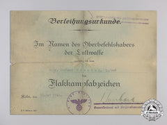 An Award Document For Luftwaffe Flakkampfabzeichen (Flak Badge)