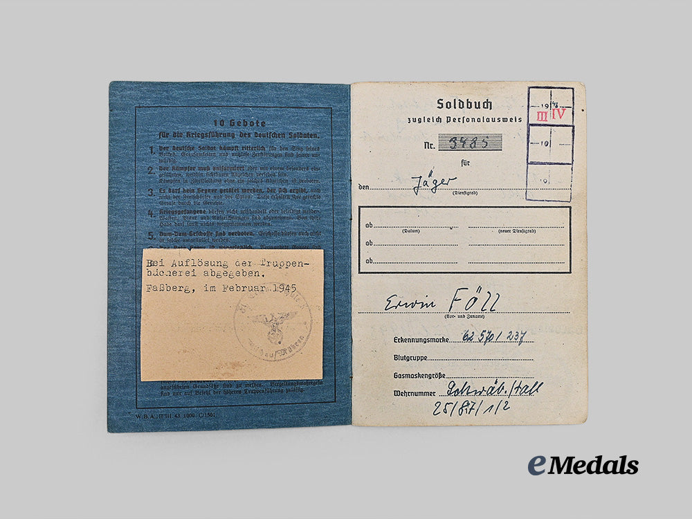 Germany, Luftwaffe. A Soldbuch to Erwin Föll, Fallschirm-Jäger-Regiment 3