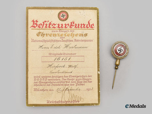 germany,_nsdap._a_golden_party_badge,_small_version_modified_to_stick_pin,_with_award_document_to_erich_hartmann_l22__mnc4409_024