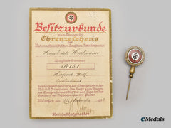 Germany, Nsdap. A Golden Party Badge, Small Version Modified To Stick Pin, With Award Document To Erich Hartmann