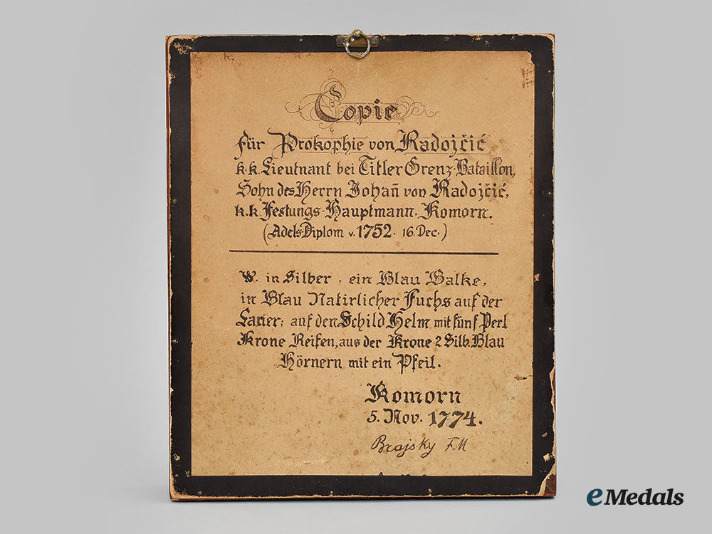austria,_imperial._a_framed_coat_of_arms_to_lieutenant_prokophie_von_radojčić_l22_mnc0204_479_1
