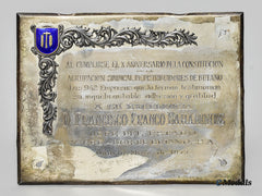 Spain, Fascist State. A Butane Distributors Union Group Plaque, Named To Francisco Franco Bahamonde 1973