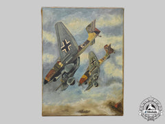 Germany, Luftwaffe. A Large Oil Painting Depicting Stukas In Action, By H. Allhaus