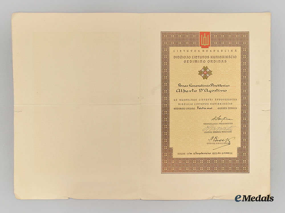 lithuania,_republic._an_order_of_gediminas,_ii_class_set_and_award_document_to_alberto_d'agostino,_c.1936_l22_mnc0991_848_1