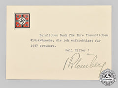 Germany, Wehrmacht. A Hand-Signed Thank-You Card From Generalfeldmarschall Werner Von Blomberg