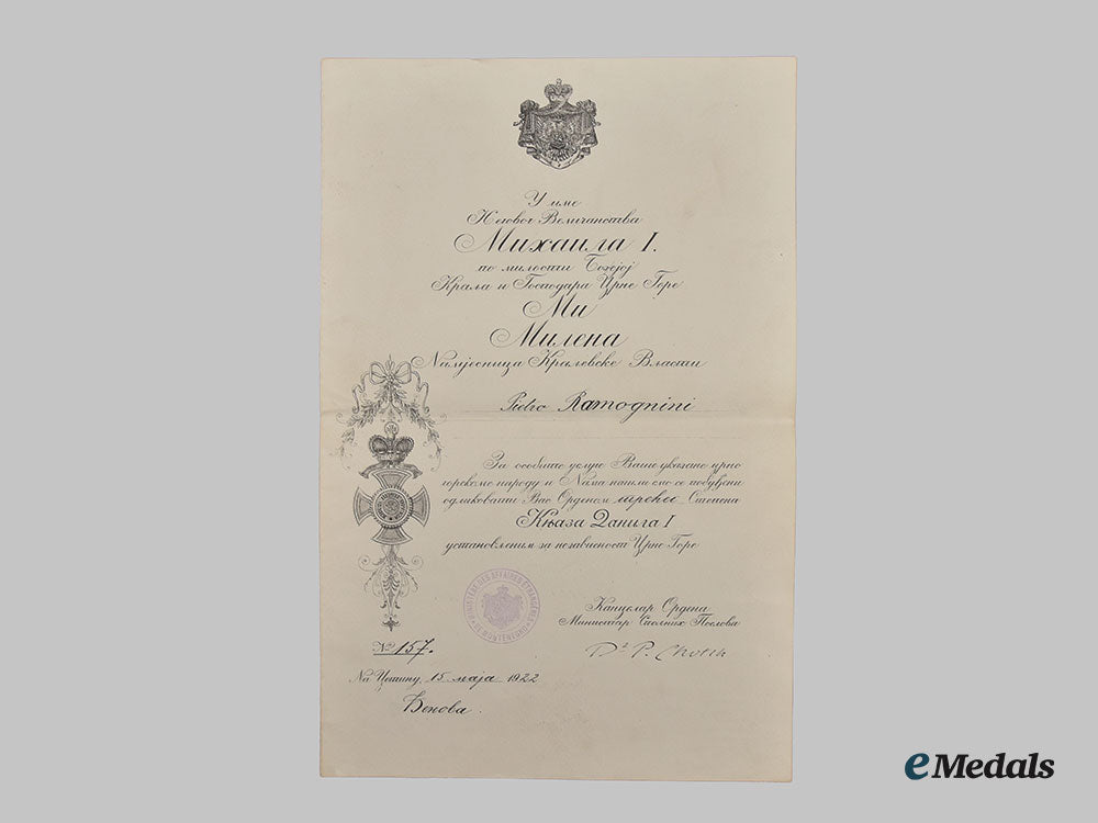 montenegro,_kingdom._an_award_document_for_the_order_of_danilo,_iii_class_commander’s_cross,_to_pietro_ramognini_l22_mnc1578_390_1