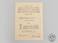 Germany, Heer. A Rare Lapland Shield Award Document To Obergefreiter Johann Schmideder