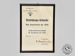 Germany, Nsfk. A Framed Award Document For A Member’s Pennant To Georg Kögl
