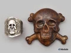 Italy, Fascist State. An Arditi Skull Ring & A Black Brigade Skull Beret Badge