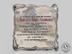 Spain, Spanish State. A 1955 Commemorative Plaque To Francisco Franco From Papelera Española