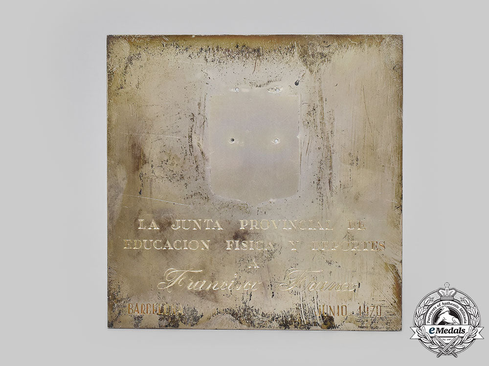 spain,_spanish_state._a1970_province_of_barcelona_board_of_physical_education_and_sports_commemorative_plaque_to_francisco_franco_l22_mnc3325_595