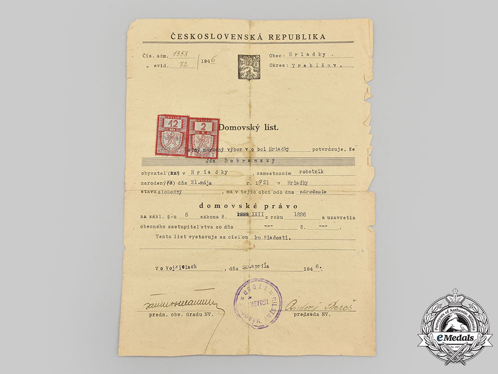 czechoslovakia,_republic;_slovakia,_independent_state._second_war_and_post_second_war_papers_attributed_to_czech_army_and_volkswagen_factory_worker_jan_dobransky_l22_mnc3630_801