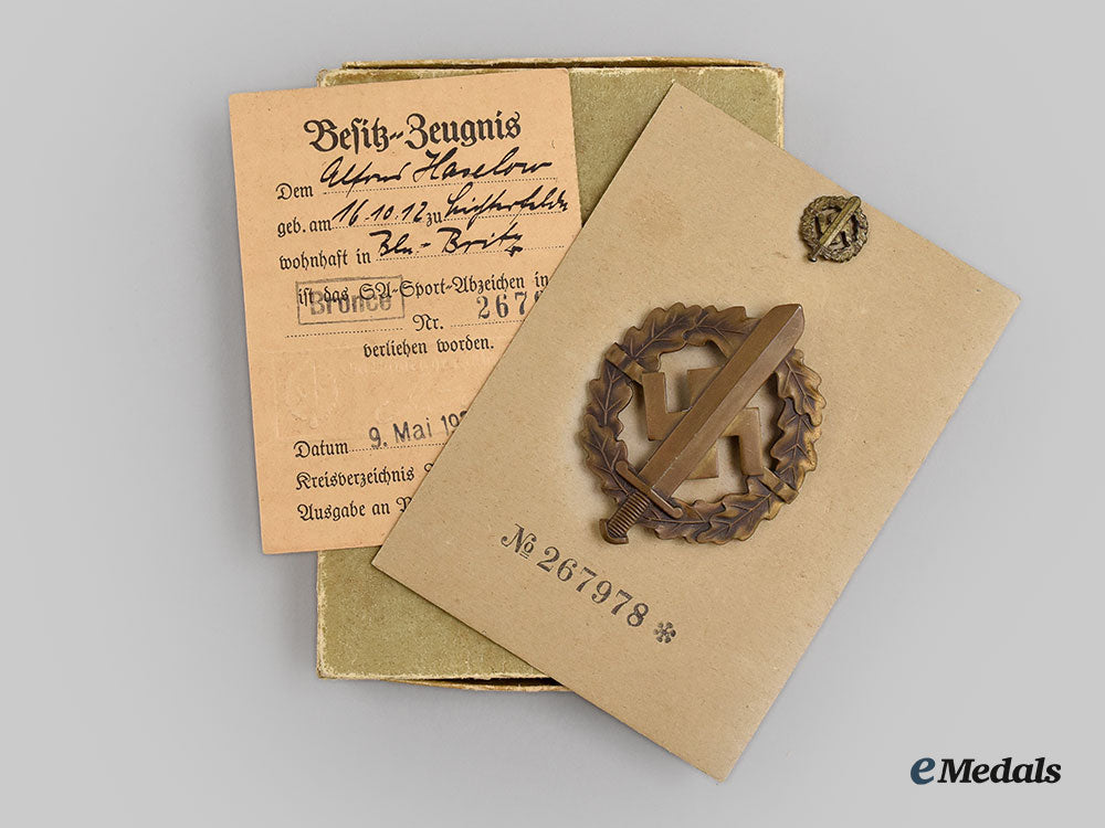 germany,_sa._an_sports_badge,_bronze_grade_with_stick_pin_miniature_and_award_document,_by_e._schneider_l22_mnc5578_937