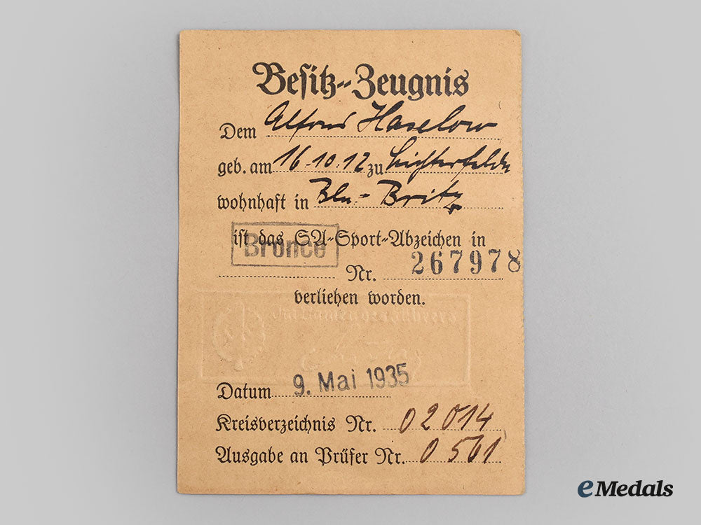 germany,_sa._an_sports_badge,_bronze_grade_with_stick_pin_miniature_and_award_document,_by_e._schneider_l22_mnc5579_938