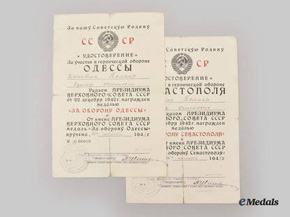 russia,_soviet_union._the_medals_for_the_defence_of_sebastopol_and_odessa,_with_award_documents,_named_to_captain_adolf_semyonovich_polner_l22_mnc6408_174