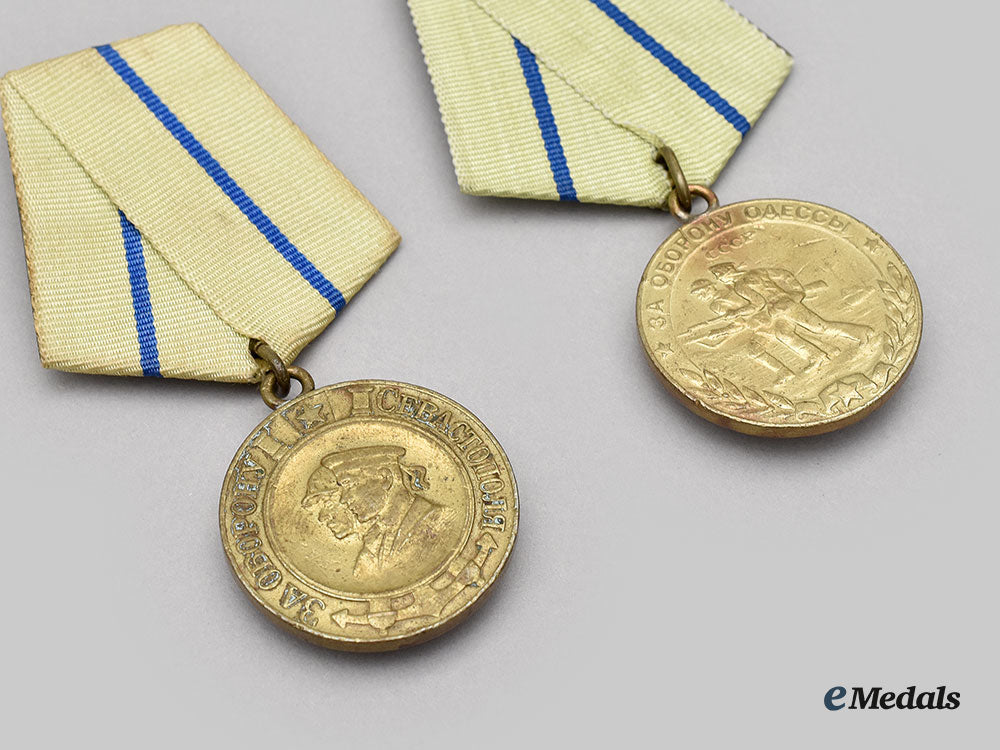 russia,_soviet_union._the_medals_for_the_defence_of_sebastopol_and_odessa,_with_award_documents,_named_to_captain_adolf_semyonovich_polner_l22_mnc6412_178
