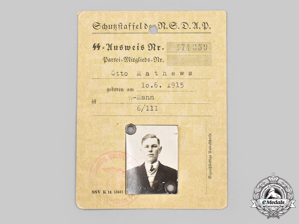Ss Identity Card Germany, Ss. An Identity Card To Ss-Mann Otto Matthews – eMedals
