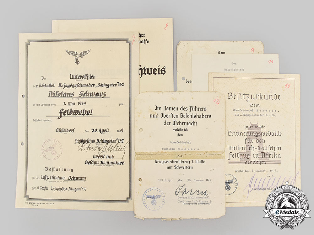 germany,_luftwaffe._a_lot_of_certificates_and_award_documents_to_nikolaus_schwarz,_jagdgeschwader132/26_l22_mnc6706_252_1