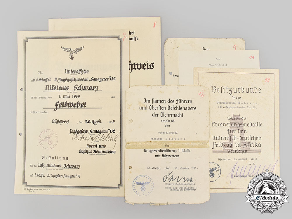 germany,_luftwaffe._a_lot_of_certificates_and_award_documents_to_nikolaus_schwarz,_jagdgeschwader132/26_l22_mnc6706_252_1