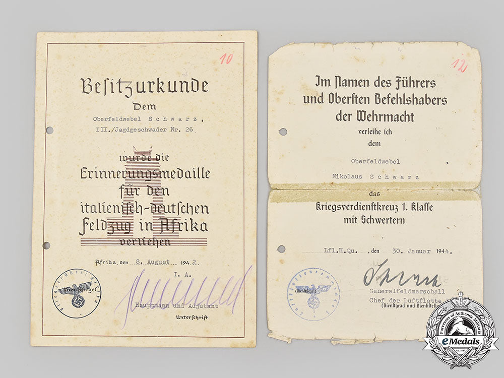 germany,_luftwaffe._a_lot_of_certificates_and_award_documents_to_nikolaus_schwarz,_jagdgeschwader132/26_l22_mnc6707_251_1