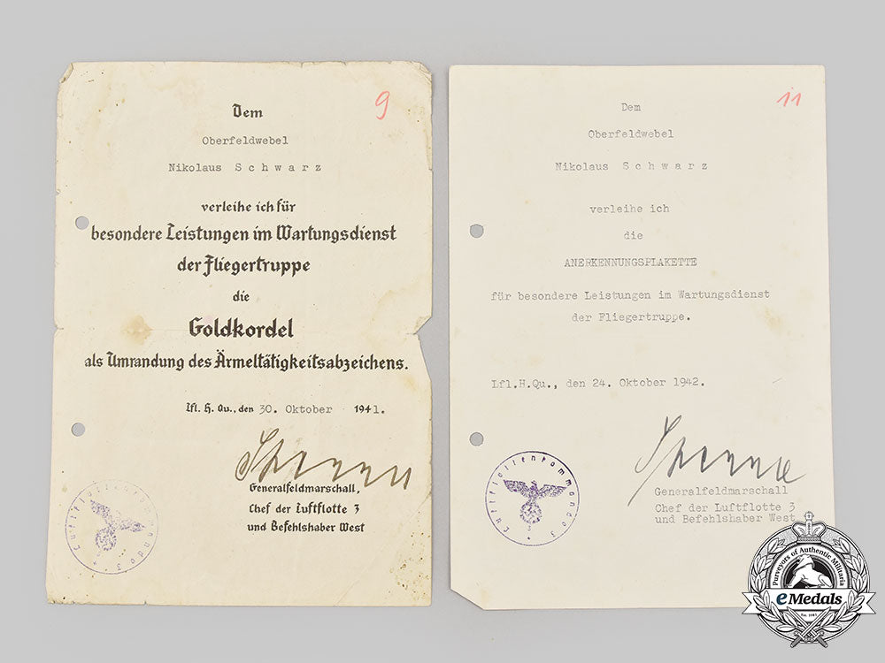 germany,_luftwaffe._a_lot_of_certificates_and_award_documents_to_nikolaus_schwarz,_jagdgeschwader132/26_l22_mnc6708_250_1