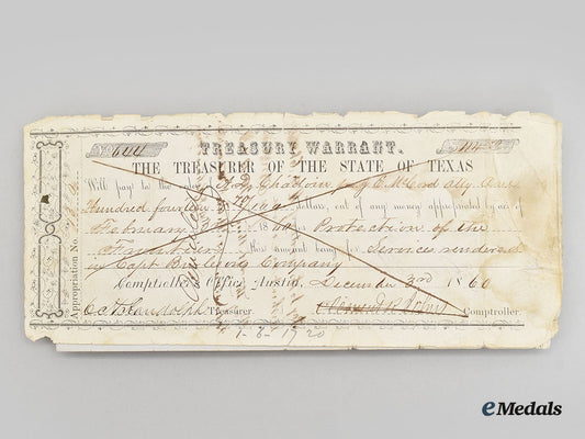 united_states._a_pre_civil_war_treasurer_of_the_state_of_texas_treasury_warrant1860,_named_to_a.d._chadoin,_signed_by_major_clement_read_johns_l22_mnc8197_119_1