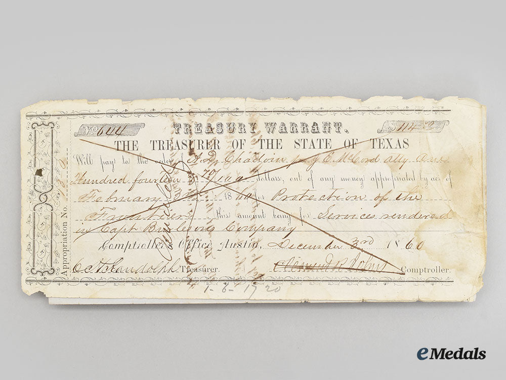 united_states._a_pre_civil_war_treasurer_of_the_state_of_texas_treasury_warrant1860,_named_to_a.d._chadoin,_signed_by_major_clement_read_johns_l22_mnc8197_119_1