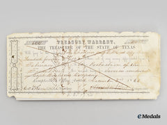 United States. A Pre Civil War Treasurer Of The State Of Texas Treasury Warrant 1860, Named To A.d. Chadoin, Signed By Major Clement Read Johns