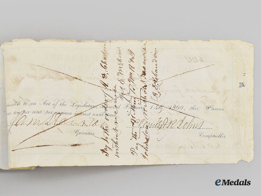 united_states._a_pre_civil_war_treasurer_of_the_state_of_texas_treasury_warrant1860,_named_to_a.d._chadoin,_signed_by_major_clement_read_johns_l22_mnc8200_121_1