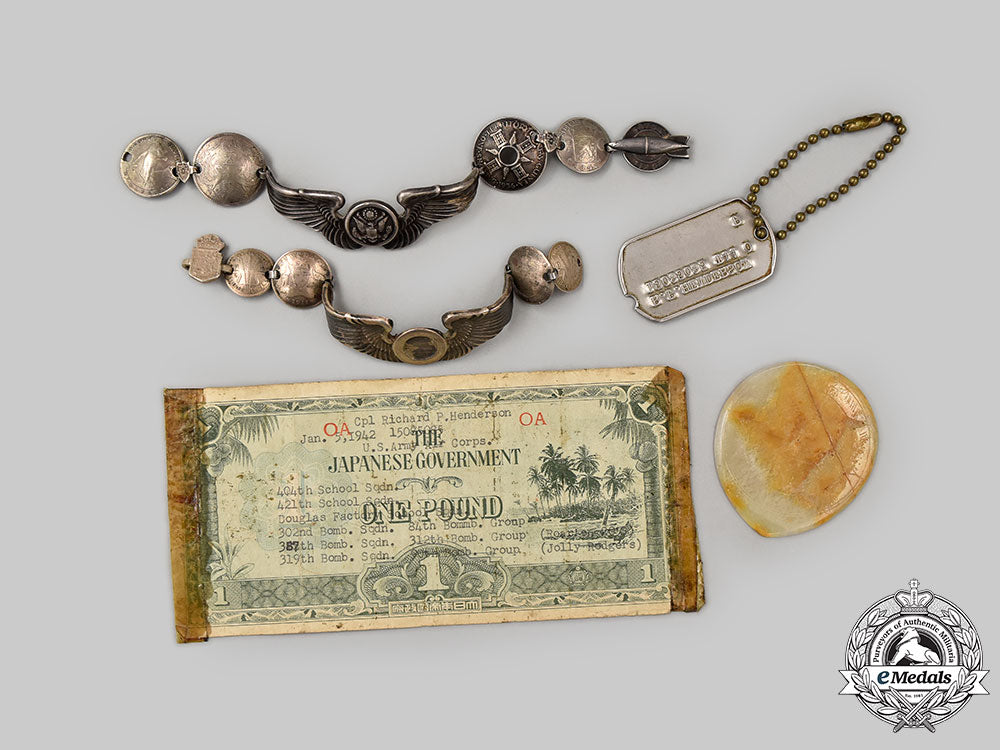 united_states._a_unique_lot_of_wings_and_coins_sweetheart_bracelets_and_japanese_occupation_note_of_corporal_henderson’s_air_force_service,1944_l22_mnc8838_893_1