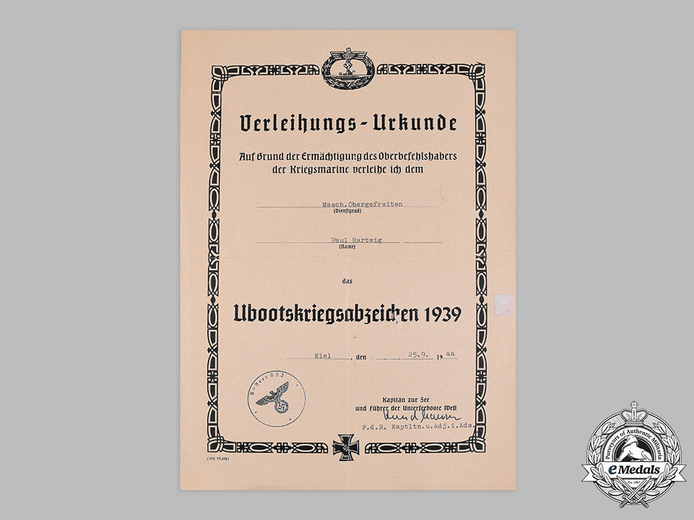 germany,_kriegsmarine._a_certificate_of_issue_for_a_u-_boat_war_badge_to_obergefreiter_paul_hartwig_m182_5674