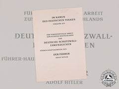 Germany, Third Reich. An Unissued West Wall Medal Certificate
