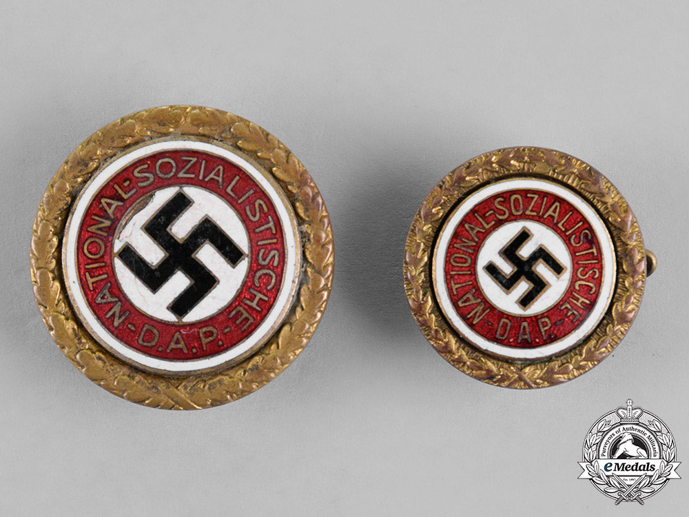 germany,_nsdap._two_nsdap_golden_party_badges_to_member69570._fritz_brünemann_m18_6795