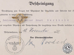 Germany, Kriegsmarine. A Golden Faithful Service Badge To Ernst Berthold
