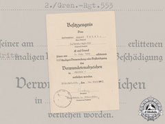 Germany, Heer. An Award Document For A Wound Badge, Silver Grade