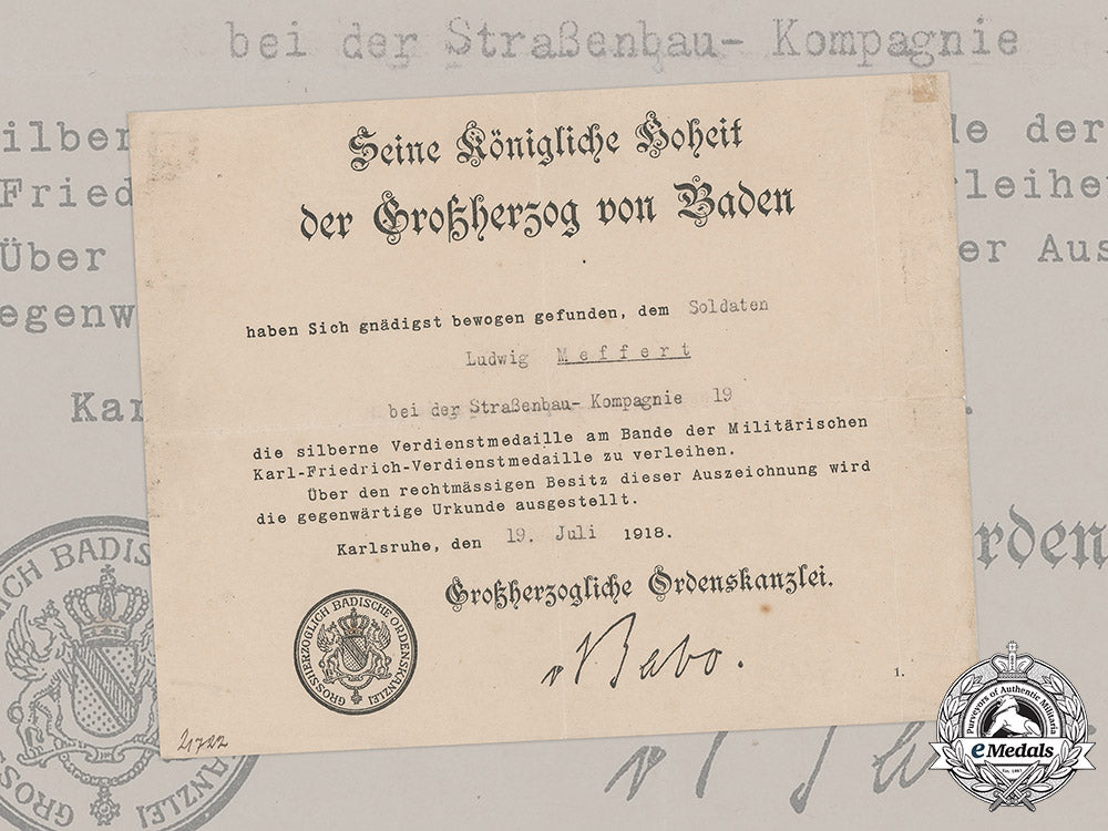 baden,_grand_duchy._an_award_document_for_a_silver_merit_medal_of_the_military_karl_friedrich_merit_order_m19_11169