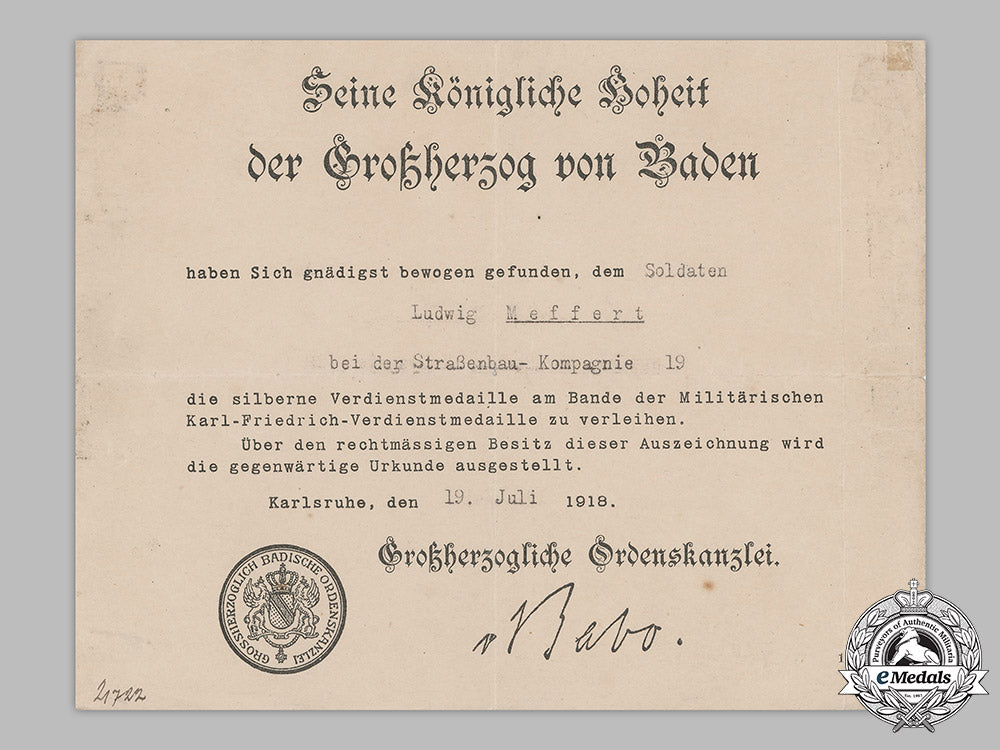 baden,_grand_duchy._an_award_document_for_a_silver_merit_medal_of_the_military_karl_friedrich_merit_order_m19_11170