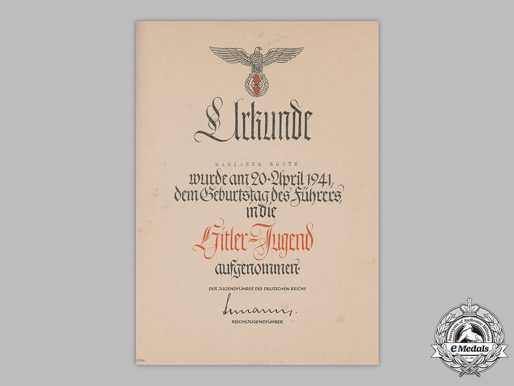 germany,_hj._a1941_induction_certificate_to_marianne_holte_m19_13136